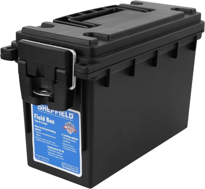Sheffield 12629 Ammo Storage Box, Stackable .30 Cal Field Boxes, Water and Dust Resistant, Lockable Storage Box with Handle, Secures Hunting Gear, Supplies, and Bullets, Made in USA, Black, 1-Pack