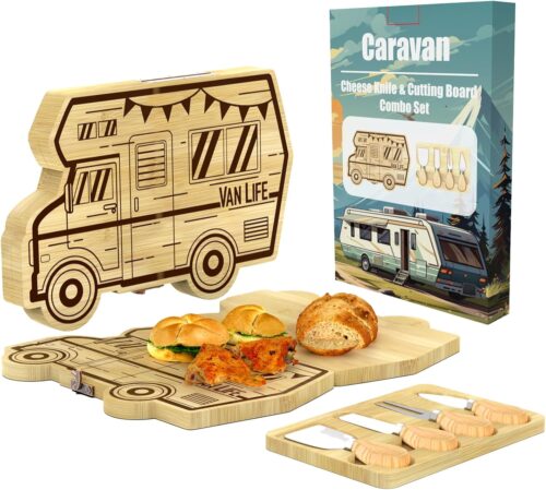 RV Bamboo Charcuterie Boards Outdoor Travel Folding Serving Platter with Cheese Knives Personalized Picnic Tray Cool Christmas Birthday Gifts for Women Men Camper