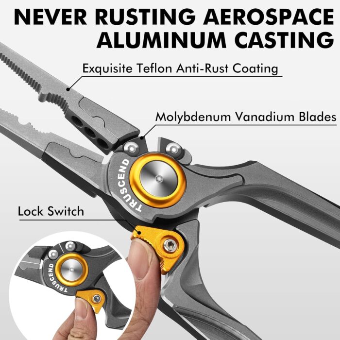 TRUSCEND Lockable Handy Fishing Pliers with Innovative Ergonomical Handle, Corrosion Saltwater Resistant Teflon Coated Fishing Tool, Multi-Function Fishing Gear with Mo-V Cutter, Fishing Gifts for Men - Image 4