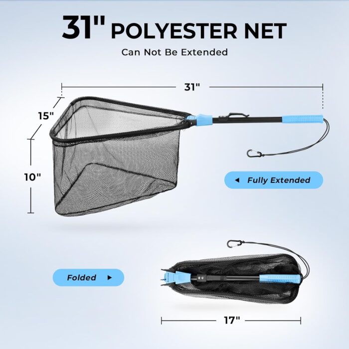 Calamus Triangle Fishing Net, Foldable, Lightweight & Strong Landing Net with Non-Slip Elastomer Handle, Built-in Elastic Lanyard and Belt Clip, Fishing Gear - Gift for Men - Image 9