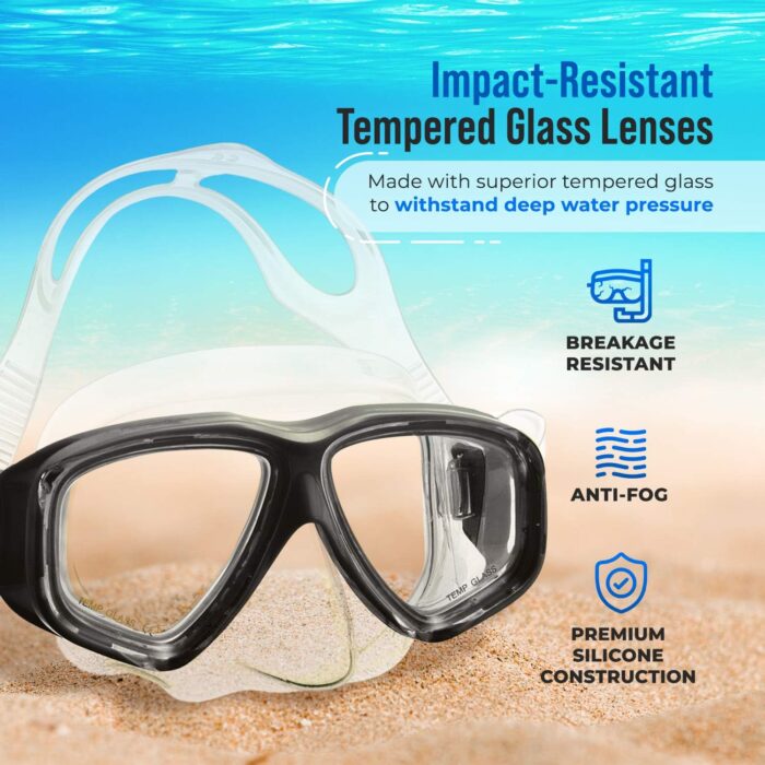 Premium Dry Top Snorkel Set - Impact Resistant Tempered Glass Diving Mask, Watertight and Anti-Fog Lens for Best Vision, Easy Adjustable Strap, Waterproof Gear Bag Included - Image 3