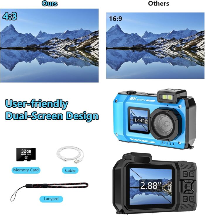 UHD 8K Underwater Camera, 70MP 33FT WiFi Waterproof Digital Camera with 64GB Card, Auto Focus Waterproof Dual-Screen Selfie 2500mAh Battery, 18X Floatable Digital for Snorkeling, Blue - Image 5