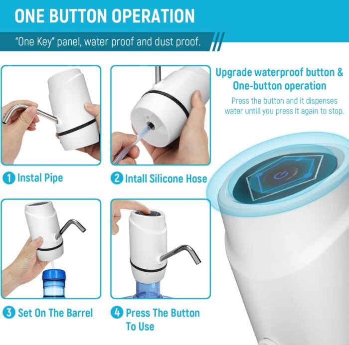 Water Dispenser for 5 Gallon Bottle,Drinking Water Pump Portable Universal USB Charging Water Bottle Pump for 2-5 Gallon with 2 Silicone (White) - Image 3
