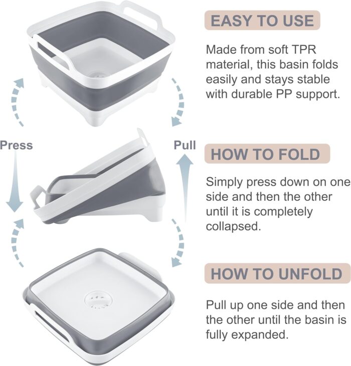 2.4 Gal(9L) Collapsible Dish Basin with Drain Plug, Space Saving Outdoor Multiuse Foldable Sink Tub, Dishpan, Kitchen Storage Tray for Camping, Vegetable Washing, RV (Gray) - Image 4
