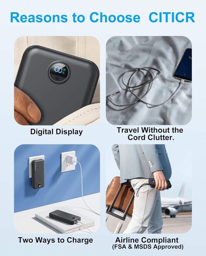 Portable Charger, 12000mAh 22.5W Type C Fast Charging Power Bank with Built-in Cables & Wall Plug, External Battery Bank with LED Display, Travel Essential Battery Pack for iPhone, iPad, Samsung Black - Image 8