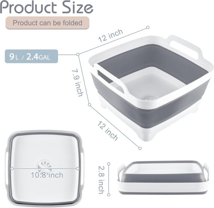 2.4 Gal(9L) Collapsible Dish Basin with Drain Plug, Space Saving Outdoor Multiuse Foldable Sink Tub, Dishpan, Kitchen Storage Tray for Camping, Vegetable Washing, RV (Gray) - Image 2