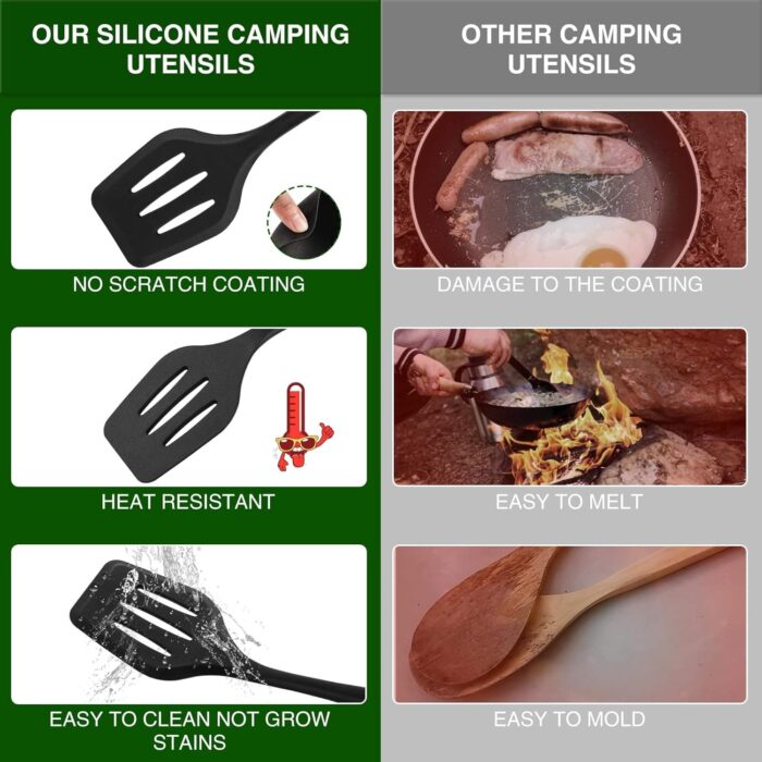Camping Essentials Cookware Cooking Utensils Set - Portable Camp Kitchen Mess Kit Outdoor Accessories, Stainless Steel & Silicone, Camping Gear Equipment for RV Picnic Grill - Image 3