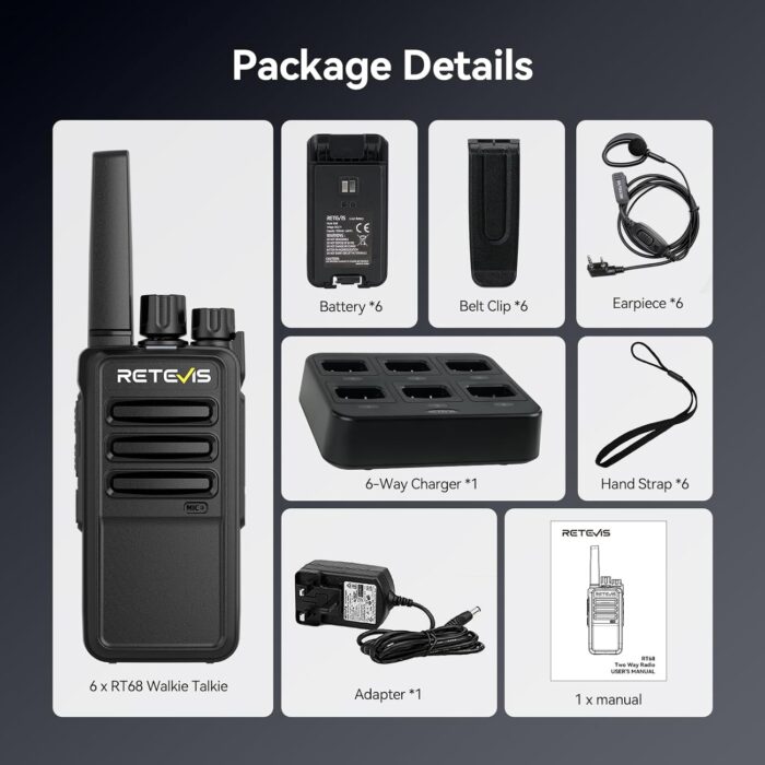 Retevis RT68 Walkie Talkies with Earpiece, Portable FRS Two-Way Radios Rechargeable, with 6 Way Multi Unit Charger, Hands Free, Long Range, Rugged 2 Way Radios 6 Pack for Adults School Church - Image 8