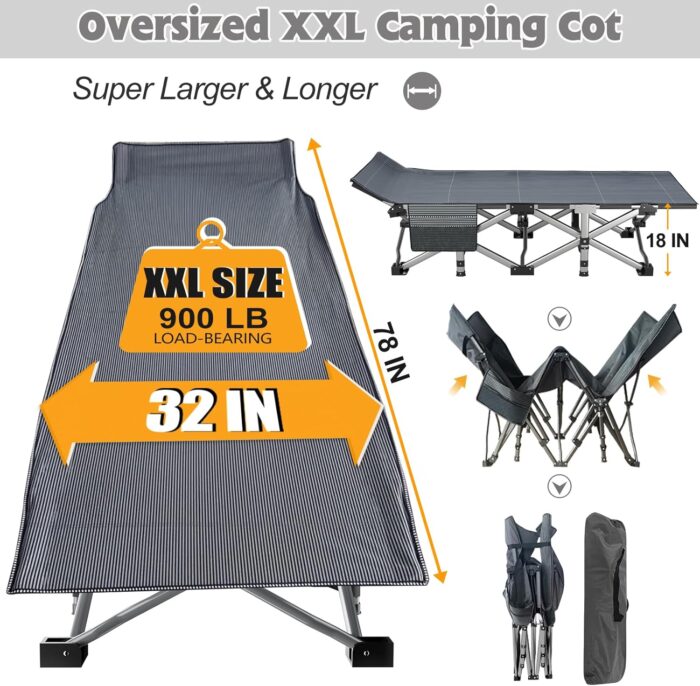 ABORON Oversized XXL Folding Camping Cot W/Mat for Adults, 78" L x 32" W x 18" H Heavy Duty Outdoor Bed with Carry Bag,1200 D Layer Oxford Travel Camp Cots - Image 4
