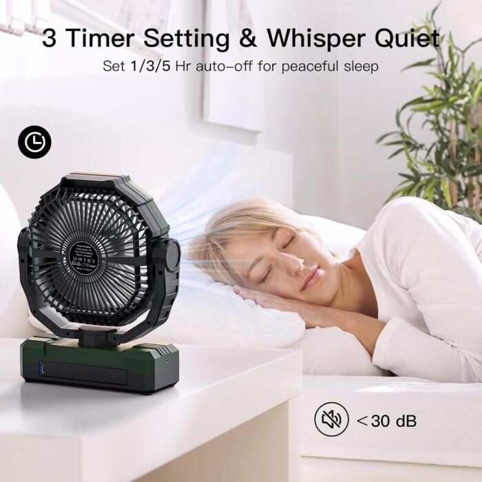 FRIZCOL 3-in-1 Camping Fan - Portable Fans Rechargeable - 24000mAh Battery Powered Fan(140Hrs) with Light & Remote for Indoor, Outdoor, Tent, Travel, BBQ, Fishing, Jobsite - Green - Image 6