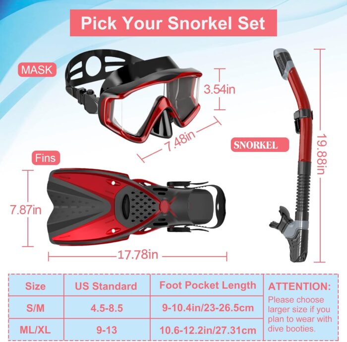 Mask Fins Snorkeling Gear for Adults Men Women, Panoramic View Diving Mask, Anti-Fog Dry Top Snorkel, Adjustable Freediving Swimming Fins/Flippers, Travel Bags for Lap Swimming - Image 6
