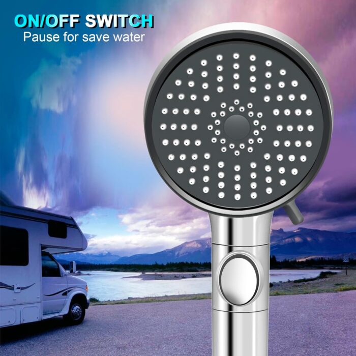 RV Shower Head with Hose, High Pressure 5 Mode Shower head Replacement, Shower Head for RV/Campers, Travel Trailer, Motorhome for Water Saving, Handheld Shower Head Holder and Hose, On Off Switch - Image 3