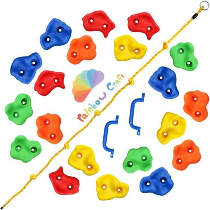 Rainbow Craft DIY Monkey Rock Climbing Holds for Kids - Wall Climbing Rocks of 20pc Rock Wall Holds, 2pc Handles & 1pc 8ft Knotted Climbing Rope - Kids Rock Climbing Holds Rock Wall Climbing Kit - Image 3