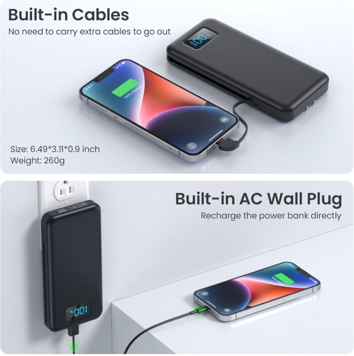 Portable Charger with Built-in Cables & AC Wall Plug,Upgraded 13800mAh USB-C Power Bank, 4 Output LCD Display External Battery Pack Phone Charger Compatible with iPhone 16/15/14/13 Samsung Android etc - Image 5