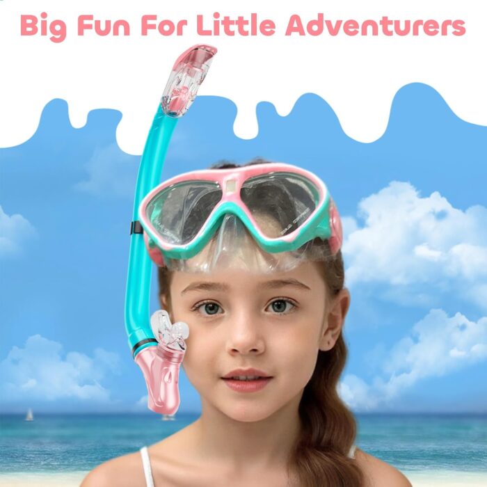 Kids Snorkel Set, Dry Top Snorkeling Gear Kids Swimming Goggles, Anti-Fog Tempered Glass Snorkel Mask with Foldable Breathing Tube, 180 Degree Full View Anti-Leak Diving Mask for Age 6-14, Unisex - Image 2
