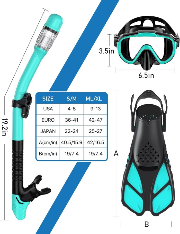 Snorkeling Gear for Adults Men Women,4 in 1 Snorkel Set with Panoramic View Diving Mask Anti-Fog Anti-Leak,Dry Top Snorkel,Fins and Travel Bag for Swimming,Snorkeling and Travel Diving - Image 6