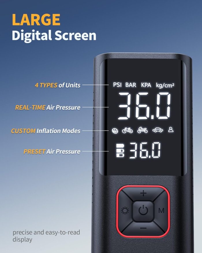 Cordless Tire Inflator Portable Air Compressor - 150PSI Air Pump with Auto Shutoff Function for Car Tires, Inflatables, Motorcycle, Balls, Compact Bike Tire Pump with LED Light, Red, Large - Image 3