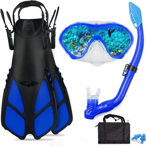 Kids Snorkeling Set with Flippers+Panoramic Snorkel Mask+Dry Top Snorkel+Earplugs+Gear Bag,Snorkeling Gear for Kids,Youth,Boys and Girls Age 5-12