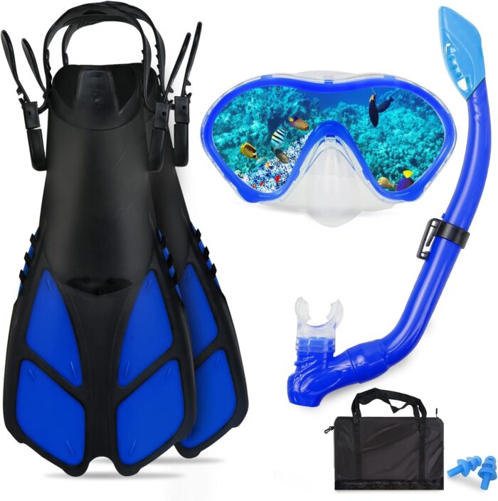 Kids Snorkeling Set with Flippers+Panoramic Snorkel Mask+Dry Top Snorkel+Earplugs+Gear Bag,Snorkeling Gear for Kids,Youth,Boys and Girls Age 5-12