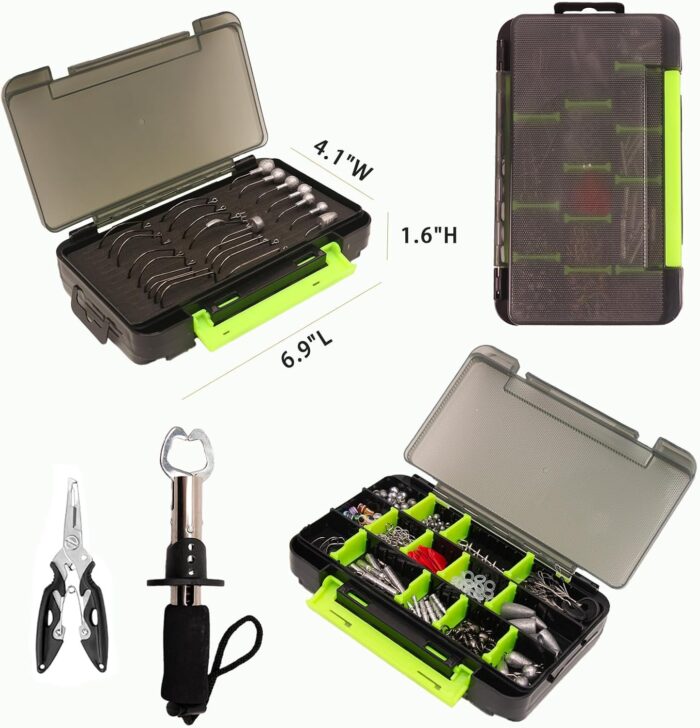 411/601-Piece Fishing Gear Accessories Kit, [2025 New] Tackle Box With Pliers, Fish Lip Grips, Hooks, Weights, Jig Heads, Swivels, 21 Pre-Made Rigs Gear for Lures - Image 2