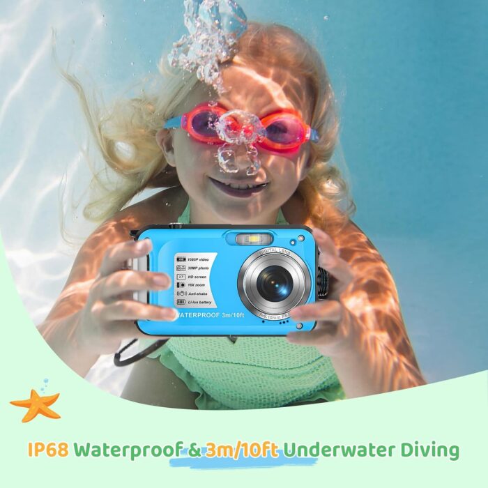 Underwater Camera with 32GB Card Waterproof Camera 10FT 30MP FHD 1080P Compact 16X Digital Zoom Underwater Kids Digital Camera for Snorkeling, Blue - Image 3