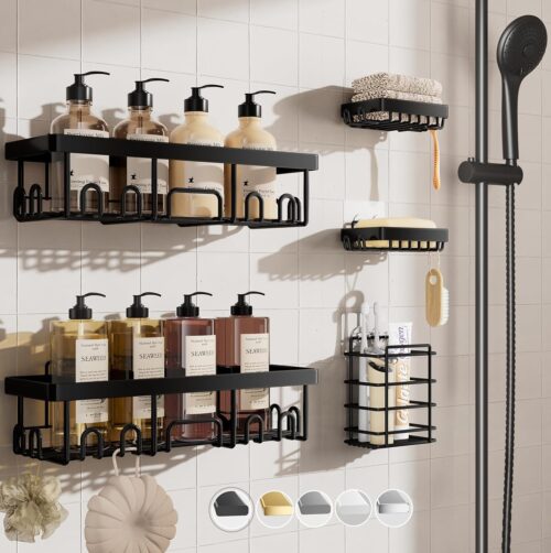 Veken 5-Pack Shower Caddy, Rustproof & Water-Resistant Kitchen Sink Organizer, Large Capacity Spice Rack, Wall-Mounted Storage Shelves for Kitchen & Bathroom, Soap Dish & Multi-Purpose Sponge Holder