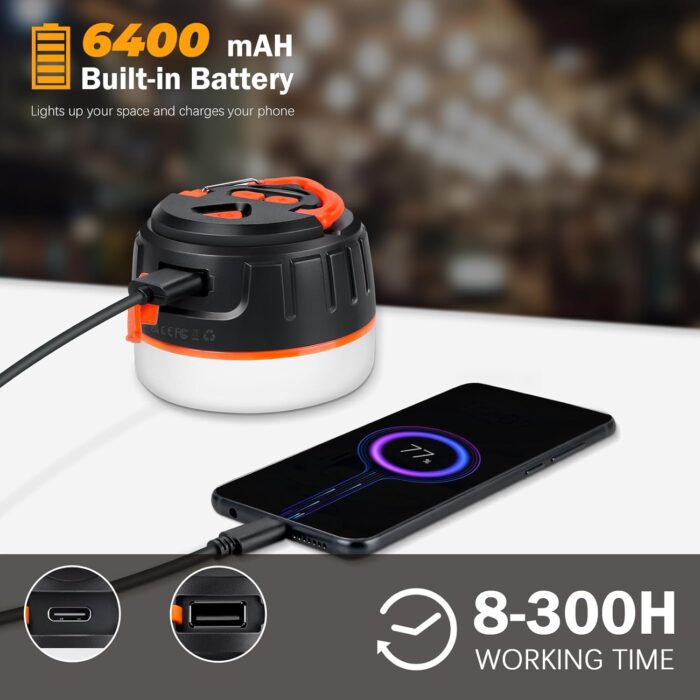 Rechargeable LED Camping Lantern 1000LM, 300H Runtime, 6400mAh, IPX5 Waterproof Tent Light for Camping, Hiking, Power Outages, Home, Emergency Use - Standard Edition,Orange - Image 4