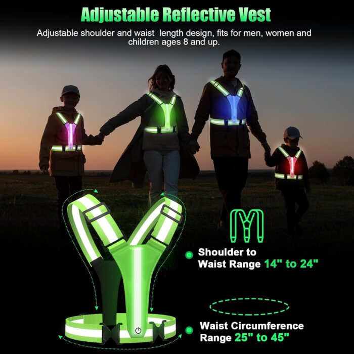 LED Reflective Vest Running Gear, 5 Colors Lights Up Running Vest Rechargeable for Night Walking Running Cycling Jogging, Adjustable Size for Men Women Kids - Image 4