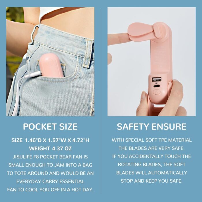 JISULIFE Handheld Mini Fan, 3 IN 1 USB Rechargeable Portable Fan [12-19 Working Hours] with Power Bank, Flashlight, Pocket Design for Travel/Summer/Concerts/Lash, Gifts for Women (Pink) - Image 7