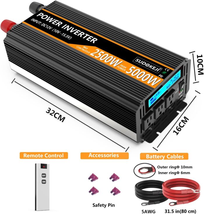 SUDOKEJI 2500W Power Inverter 12V DC to AC 110V/120V (Peak) 5000W Converter 3 sockets car Inverter with Remote Control and LED Display 3.4v USB Port - Image 7