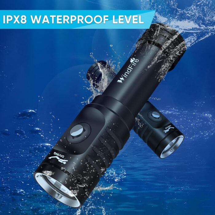 WINDFIRE Dive Light Scuba Diving Flashlight Dive Torch Rechargeable, 3 Modes Underwater Light Waterproof Flashlight, Safety Dive Lights with Power Indicator for Night Diving - Image 5