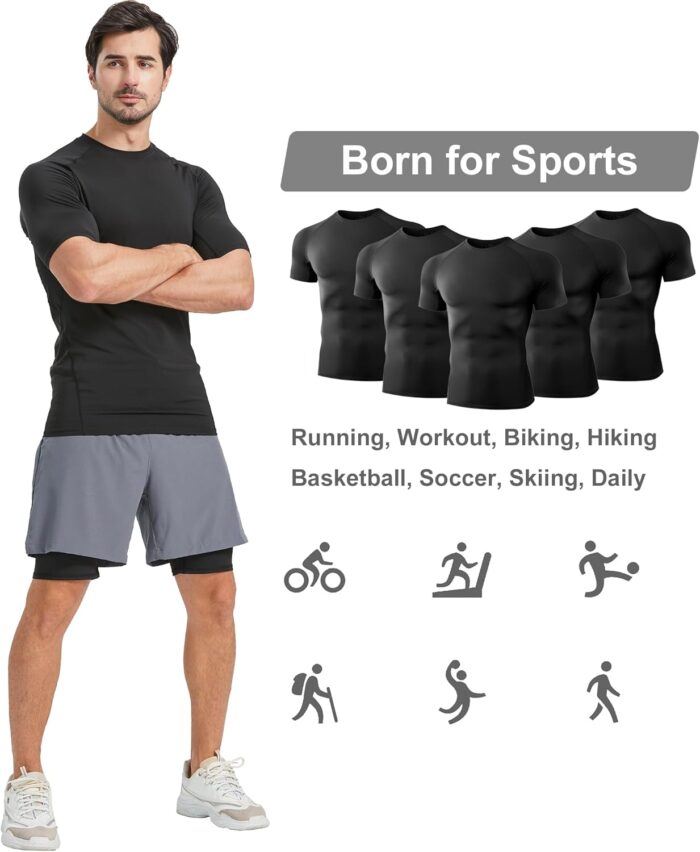 5 Pack Men’s Compression Shirts Short Sleeve Cool Dry Sports Athletic Workout Base Layer Undershirt T-Shirt Tops - Image 5