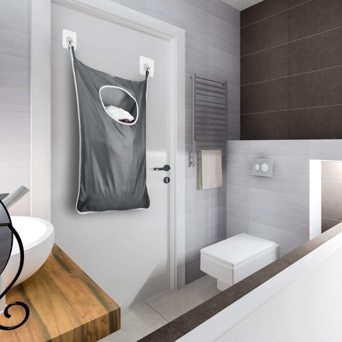 Durable hanging laundry hamper bag Behind door Space Saving with Stainless Steel Hooks Zip, For Bathroom,Kids room,Travel,College Dorm,2pack(Extra Large-Dark Grey) - Image 3