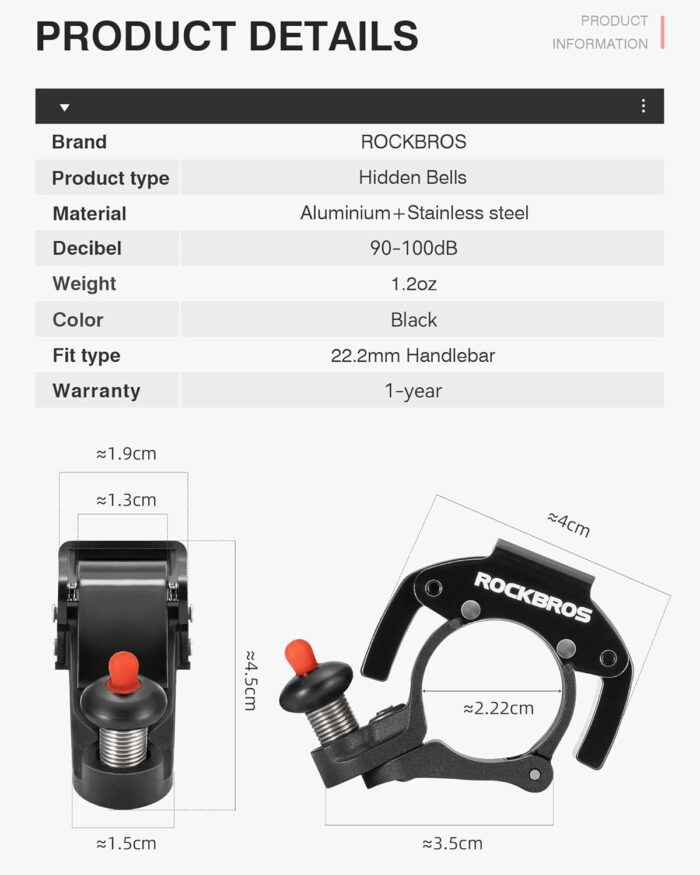 ROCKBROS Bike Bells Hidden MTB Bells Bicycle Bells for 22.2mm Handlebars, More Than 100dB, Clear & Long Sound Ringer, Mountain Bike, Scooter, Youth Bike - Image 5