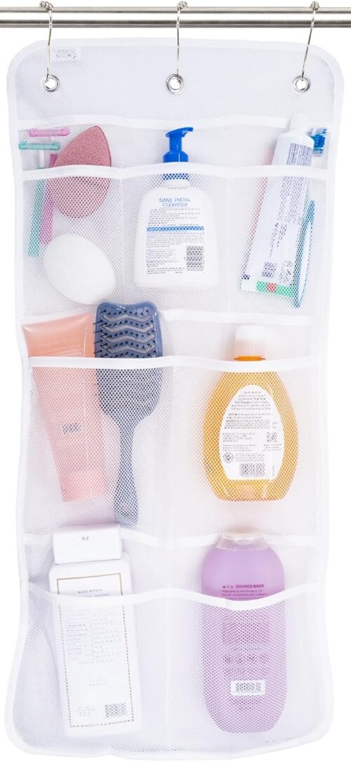 S&T INC. Shower Organizer, Shower Caddy or Bathroom Organizer with Quick Drying Mesh, 7 Pockets to Hold Shampoo, Soap, Loofah, and Cruise Ship Essentials, 14 Inch by 30 Inch, White, 1 Pack