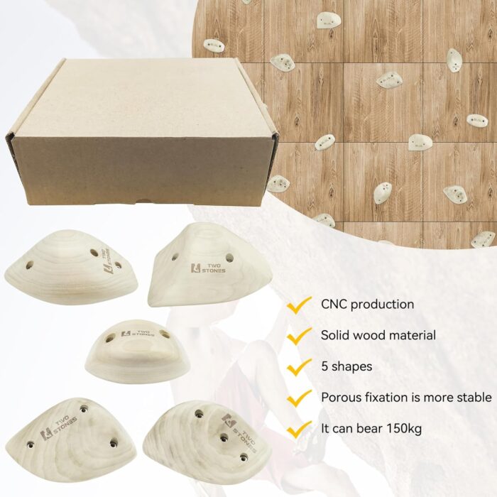 TWO STONES Wooden Rock Climbing Holds for Adults | Wood Rock Wall Climbing Holds for Gyms | Variety Screw On Climbing Hand Holds Set with Mounting Hardware - Image 6