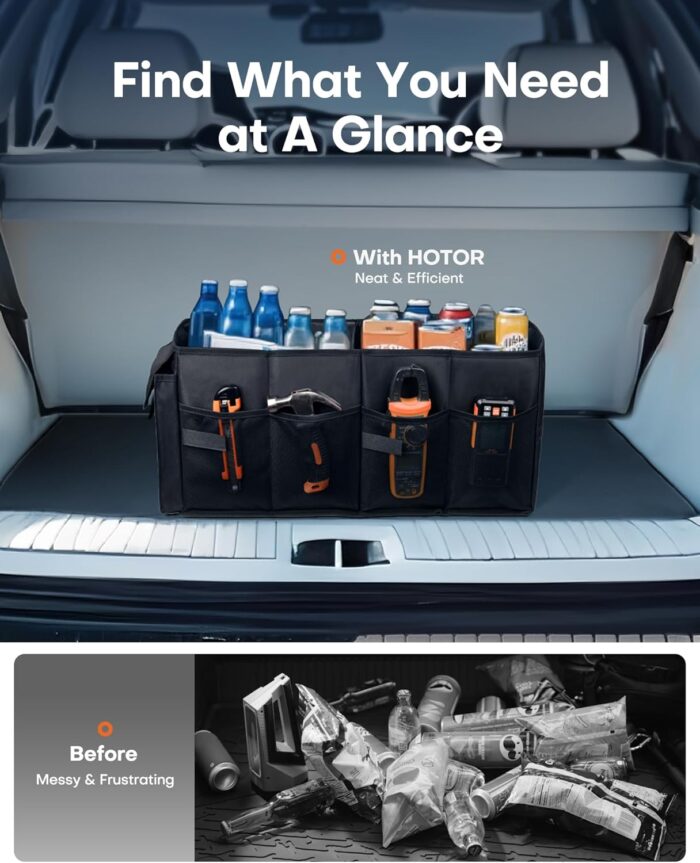 HOTOR Trunk Organizer - Car Organizer, Foldable Trunk organizer for SUVs & Sedans, Sturdy Car Organization for Car Accessories, Tools, Sundries, Black, 2 Compartments, 21.3"×12.6"×10.6" - Image 6