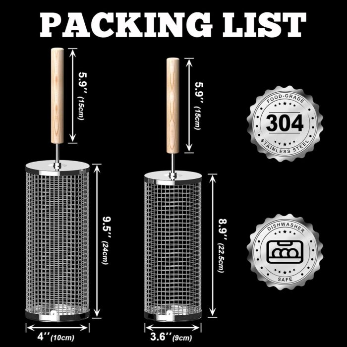 Rolling Grill Basket(2PCS), Removable Wooden Handle, 304 Stainless Steel, Nesting Grilling Net, BBQ Accessories Tool for Vegetable Shrimp, Outdoor Cooking Camping, Birthday Gifts for Men Dad Husband - Image 2