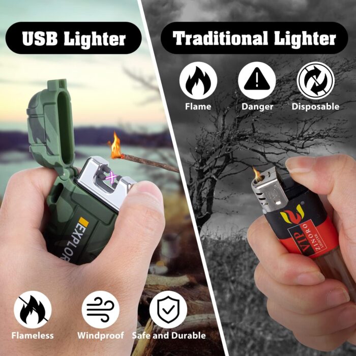 LcFun Waterproof Electric Dual Arc Lighter USB Rechargeable Outdoor Windproof Flameless Plasma Lighters for Camping, Hiking, Adventure, Survival Tactical Gear Gifts for Men - Image 4