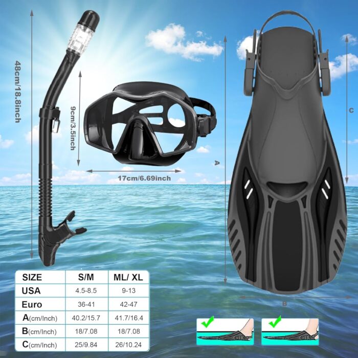 Snorkeling Gear for Adults,Mask Fins Snorkel Set,Panoramic View Diving Mask Anti-Fog,Dry Snorkel,Adjustable Swim Flippers and Travel Bag,Adults Snorkel Gear for Swimming Snorkeling Diving - Image 7