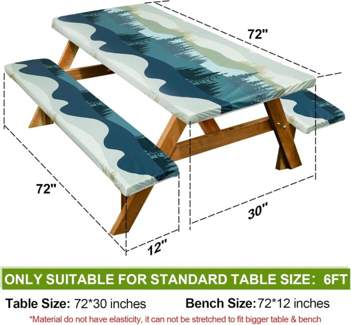 Picnic Table Cover with Bench Covers Camping Essentials Waterproof Windproof Camping Tablecloth with Drawstring Bag, Fitted Rectangle Tables and Seats, 72in, Green Blue - Image 2