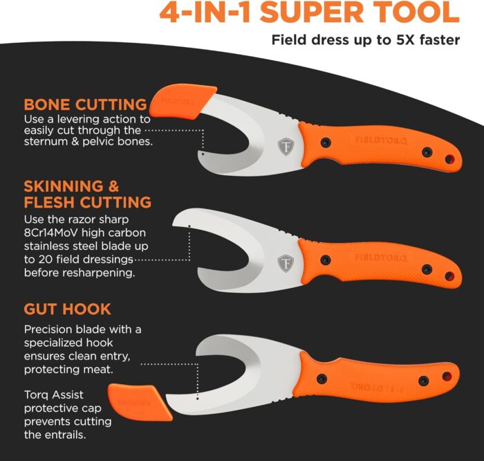 Field Dressing Kit | 4-in-1 Super Tool with Sheath & Sharpener | Skinning Knife for Hunting | Gut Hook | Deer Hunting Knife Set | FRN - Image 2