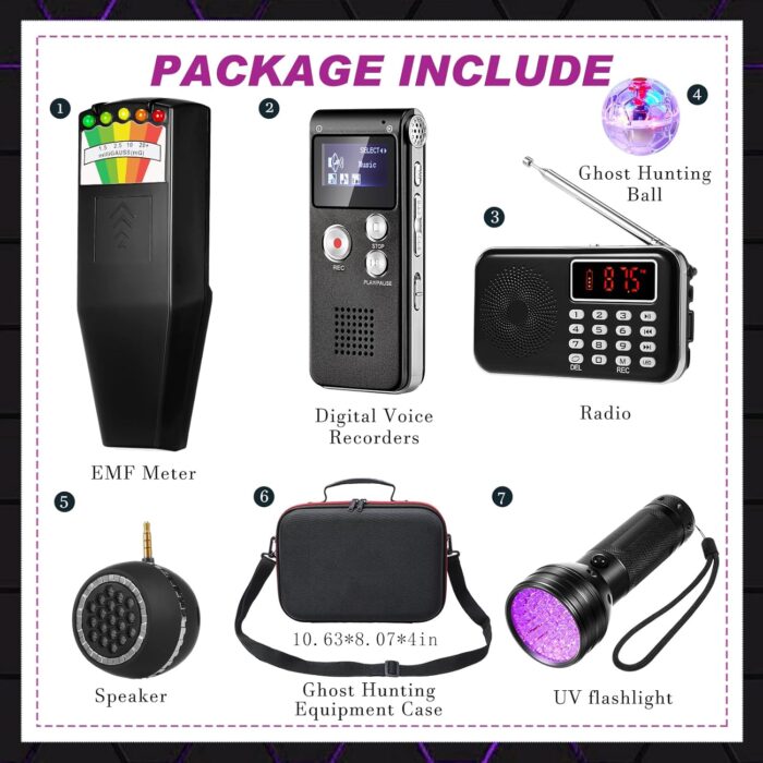 Dunzy 8 Pcs Ghost Hunting Equipment Kit, Include 1 Emf Meter 1 Spirit Ghost Hunting Research Case 1 Voice Recorders 1 Flashlight 1 Speaker 2 Motion Light up Cat Balls and 1 Fm Radio(Emf Meter 1) - Image 2