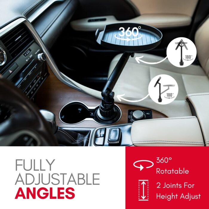 Macally Cup Holder Tray for Car - Adjustable Car Tray Table - Perfect Car Food Tray for Eating with Phone Slot and Swivel Arm - Car Organizer - Image 4