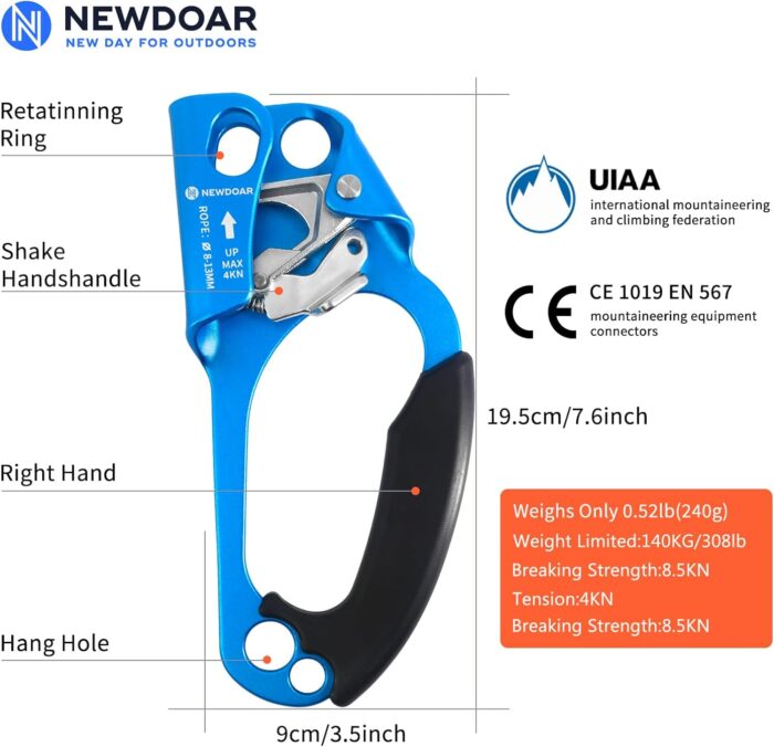 NewDoar UIAA & CE Certified Hand Ascender Rock Climbing Tree Arborist Rappelling Gear Equipment Rope Clamp for 8~13MM Rope - Image 2