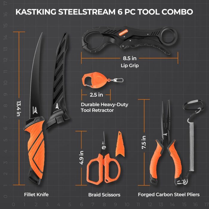 KastKing SteelStream 6pc Fishing Tool Kit - Corrosion Resistant Fishing Pliers with Lanyard, Fillet Knife, Floating Fish Lip Gripper, Fishing Braid Scissors, Tool Retractor, Fishing Gifts for Men - Image 7