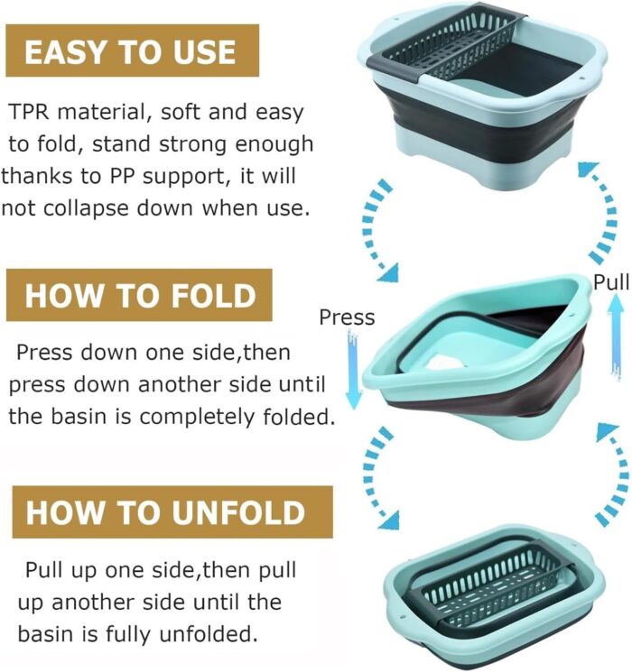 2.77 Gallon (10.5L) Collapsible Dish Basin with Drain Plug, Outdoor Multiuse Foldable Sink Tub, Dishpan, Wash Basin, Portable Kitchen Storage Tray for Camping, RV, Beverage Bucket (Green) - Image 2