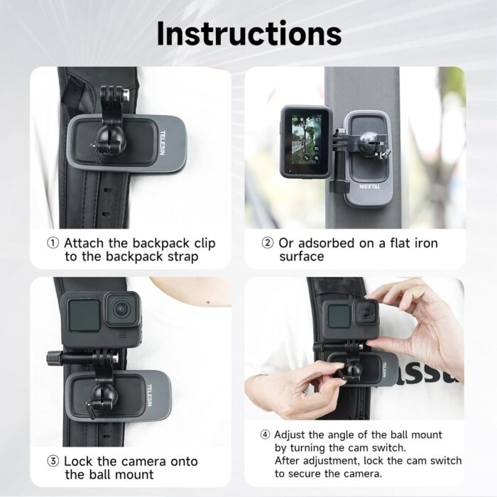 TELESIN Magnetic Mount, 360° Rotating Backpack Clip with Phone Holder for Go Pro iPhone Accessories for Hero 13 12 11 10 Akaso Insta360 X5 X4 X3 Ace Pro 2 DJI Action 5 Pro 4 3 Pocket 3 Bike Motorcycle - Image 6