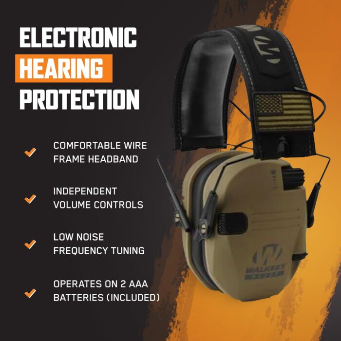 Walkers Razor Slim Shooter Electronic Folding Ear Protection Muffs, Tan Patriot - Image 3