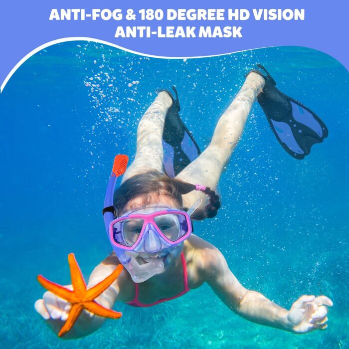 Youth Snorkel Set for Ages 7-16, Snorkeling Gear for Kids with Panoramic View Mask Anti-Fog Anti-Leak Full Dry Top Snorkel Fins Travel Bag for Swimming Diving - Image 3